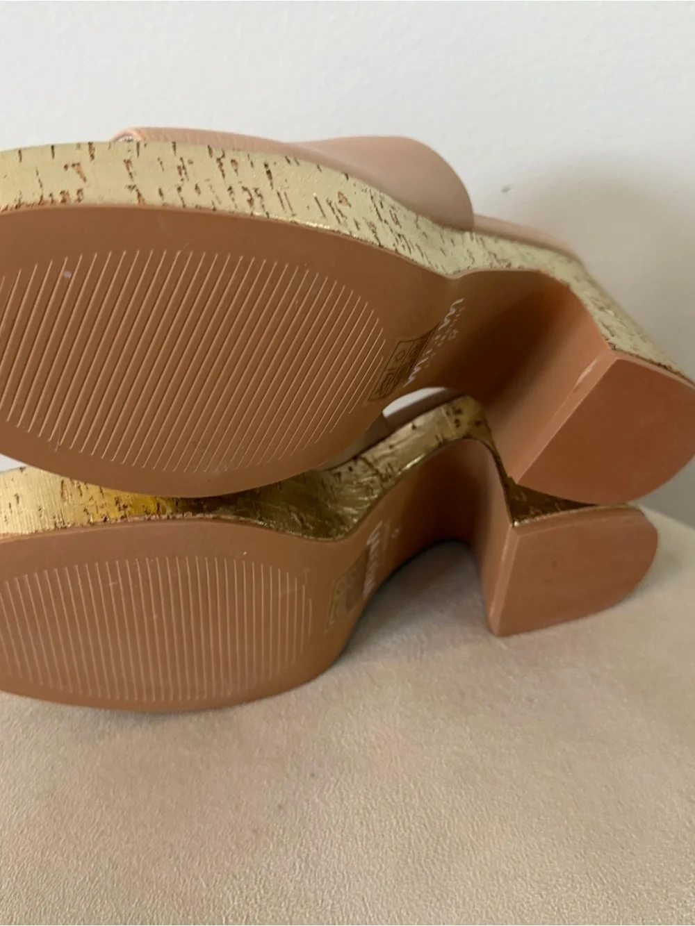 Mi.iM Los Angeles Nude Gold Cork Platform Slide Heels Summer Clog Resort Sandal